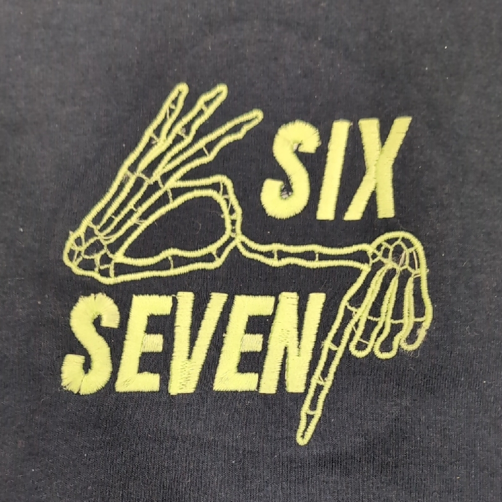 Glow In The Dark Graphic Embroidered Tee with Skeleton Design. 6 7. Six Seven.